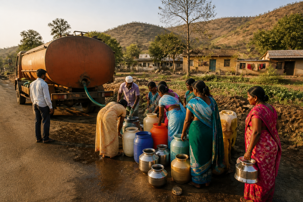 Pune water scarcity response with a tanker supplying water in a rural settlement