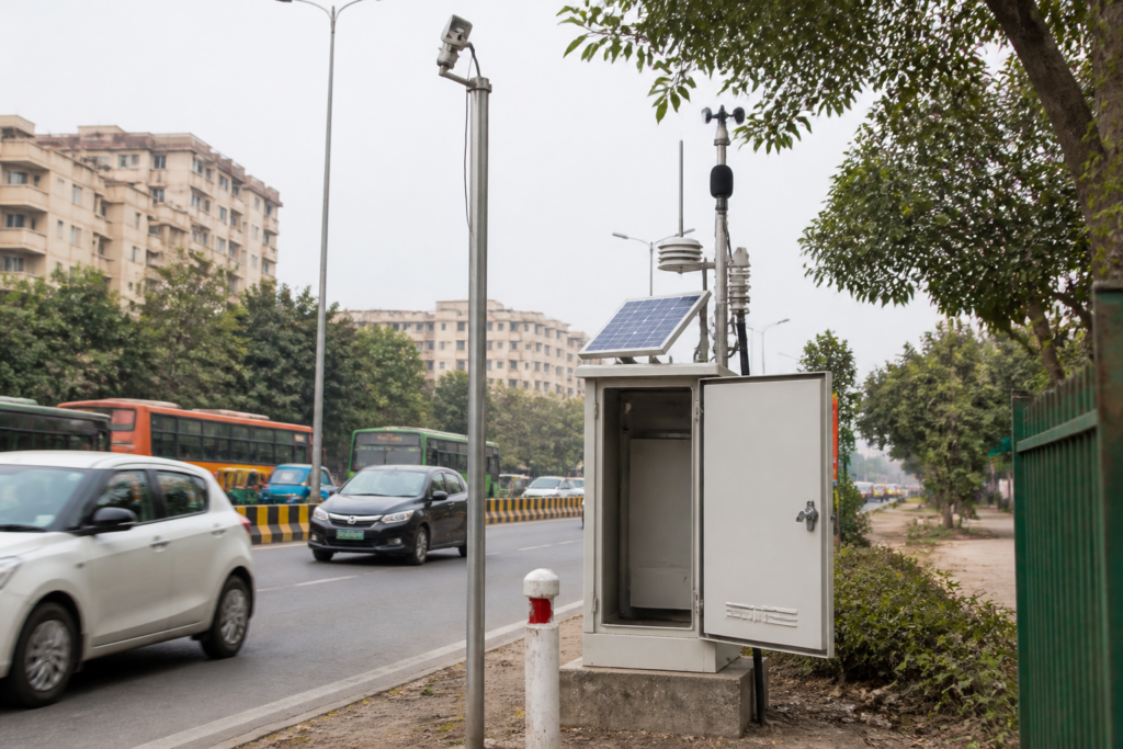 CPCB noise monitoring system tracking sound levels on a Delhi-NCR urban road
