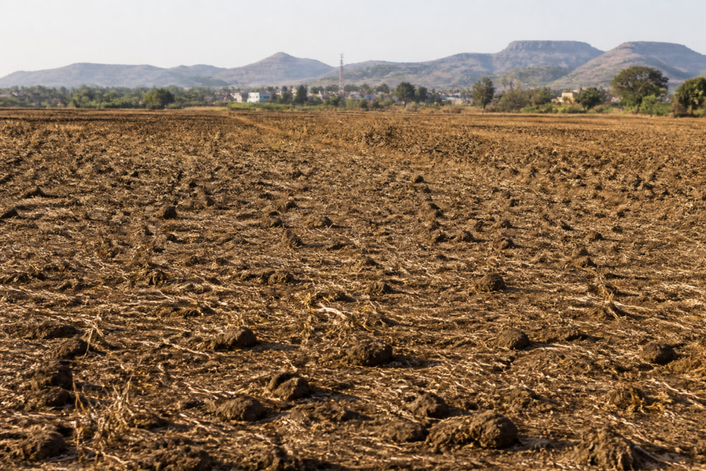 Maharashtra October heatwave over a dry agricultural field under a harsh afternoon sun