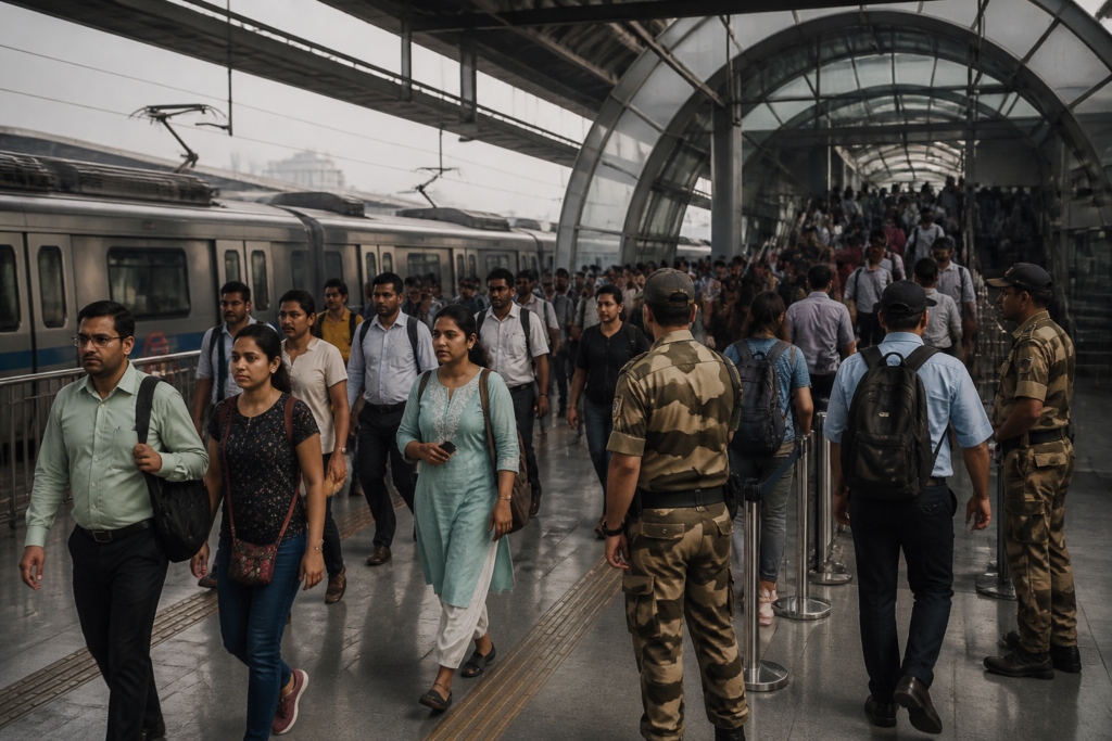 Delhi Metro services operating at a station during security restrictions in New Delhi