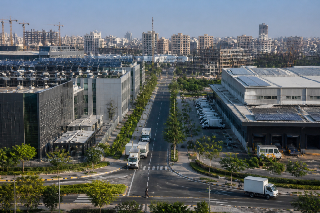 Delhi Industrial Policy 2026 visual showing a modern technology and manufacturing district in the capital