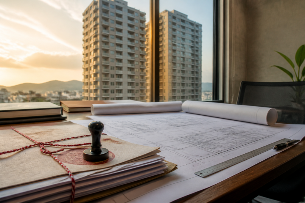 Maharashtra property registration rules shown through a residential building plan and registration documents