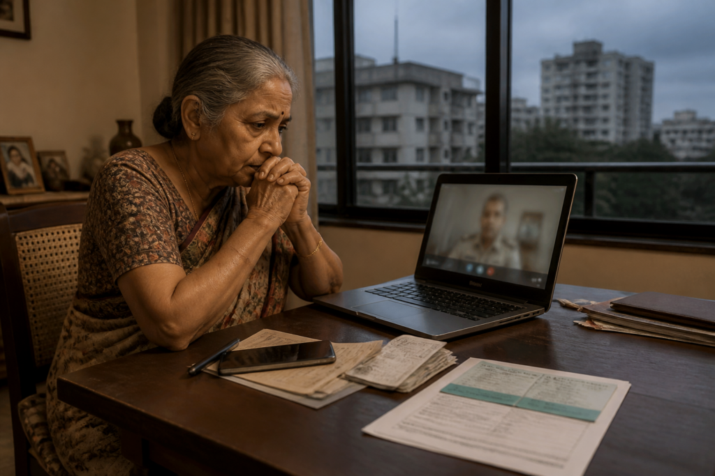 Pune digital arrest scam illustration showing an elderly woman facing a threatening video call
