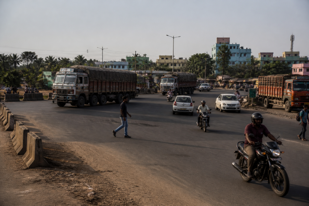 NH-49 safety concerns at a busy Deogarh junction with highway traffic and local vehicles