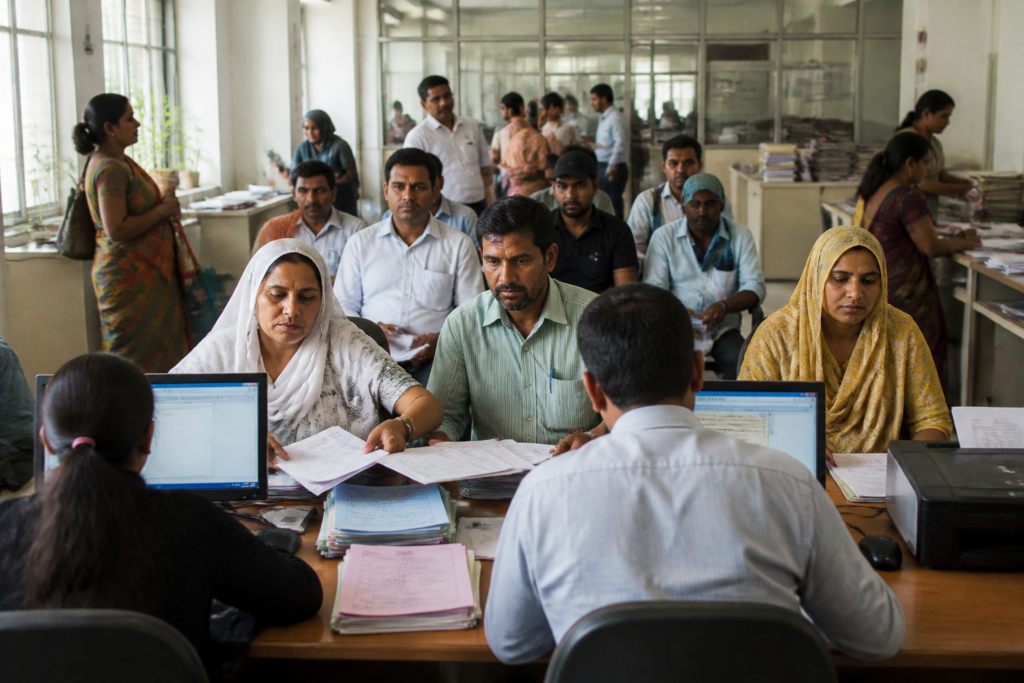 Pune housing lottery applicants completing documents for a MHADA housing application