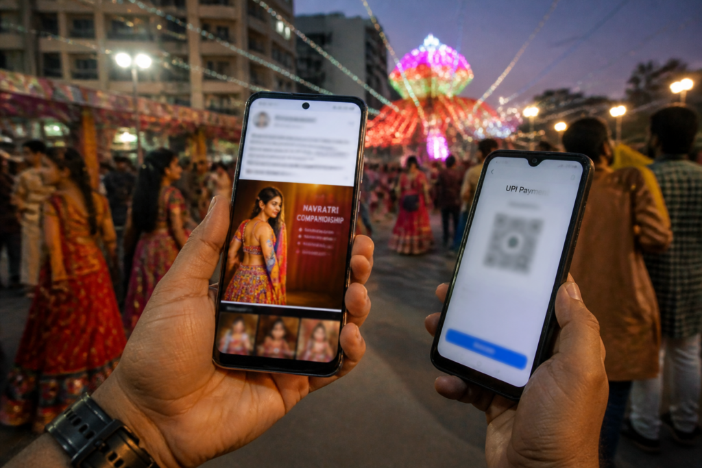Navratri online scam warning shown on a smartphone beside a Pune garba event