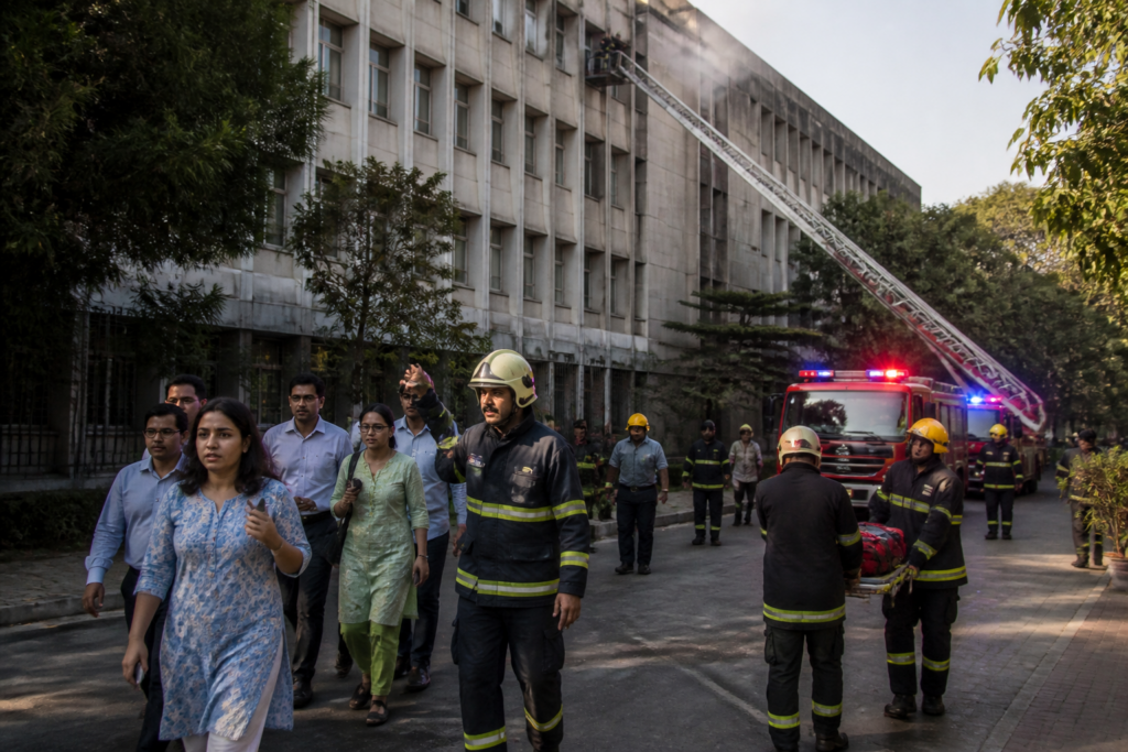 Pune PMC fire drill with firefighters conducting an emergency response exercise at the civic headquarters