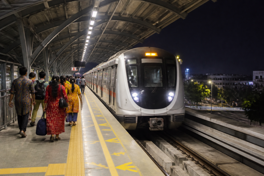 Ahmedabad Metro train operating at night during the Navratri service extension