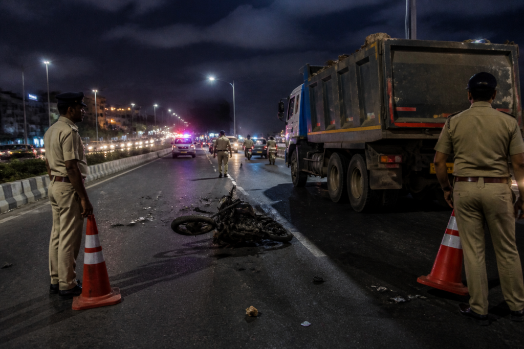 Ahmedabad road accidents scene on a ring road with a motorcycle and heavy vehicle
