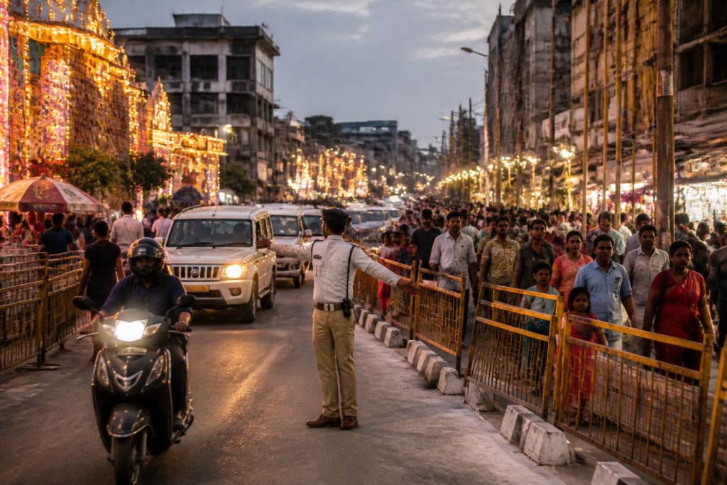 Ranchi Durga Puja traffic plan with barricades and diverted vehicles on a city road
