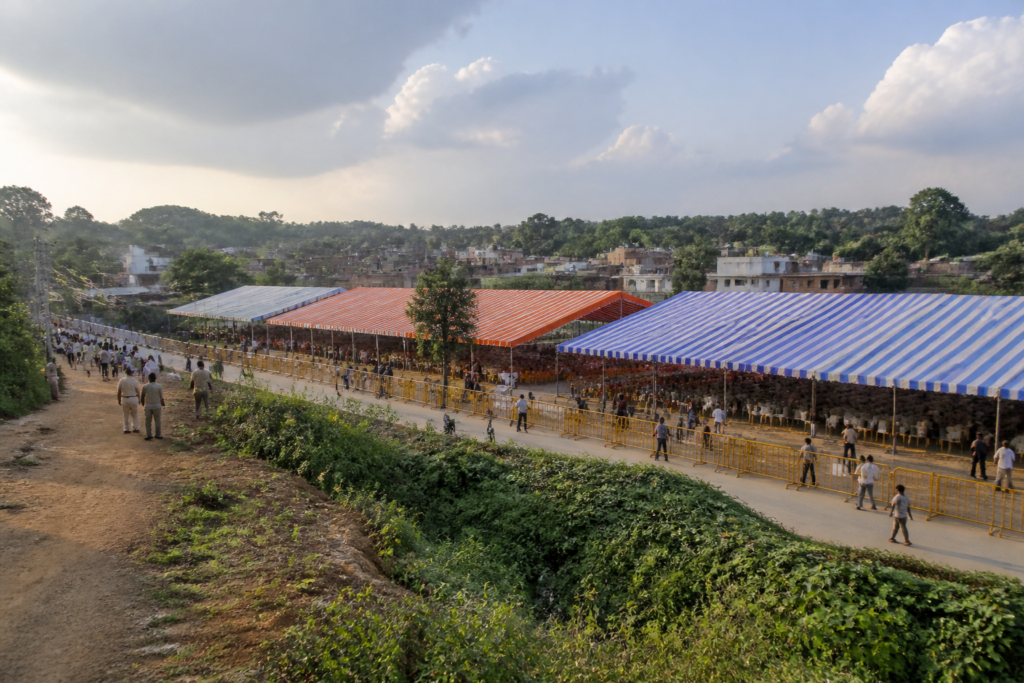Preparations for the Nemra Sanskar Bhoj with large pandals and security arrangements in Jharkhand