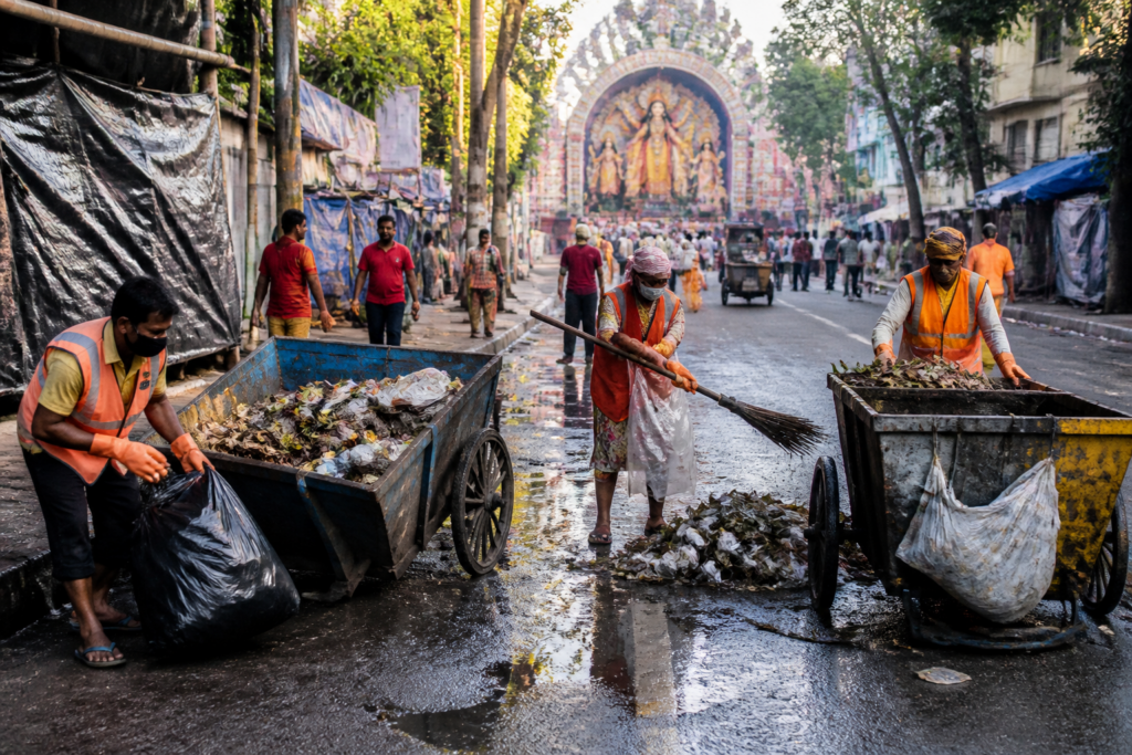 Dhanbad sanitation workers cleaning a city road during festive preparations
