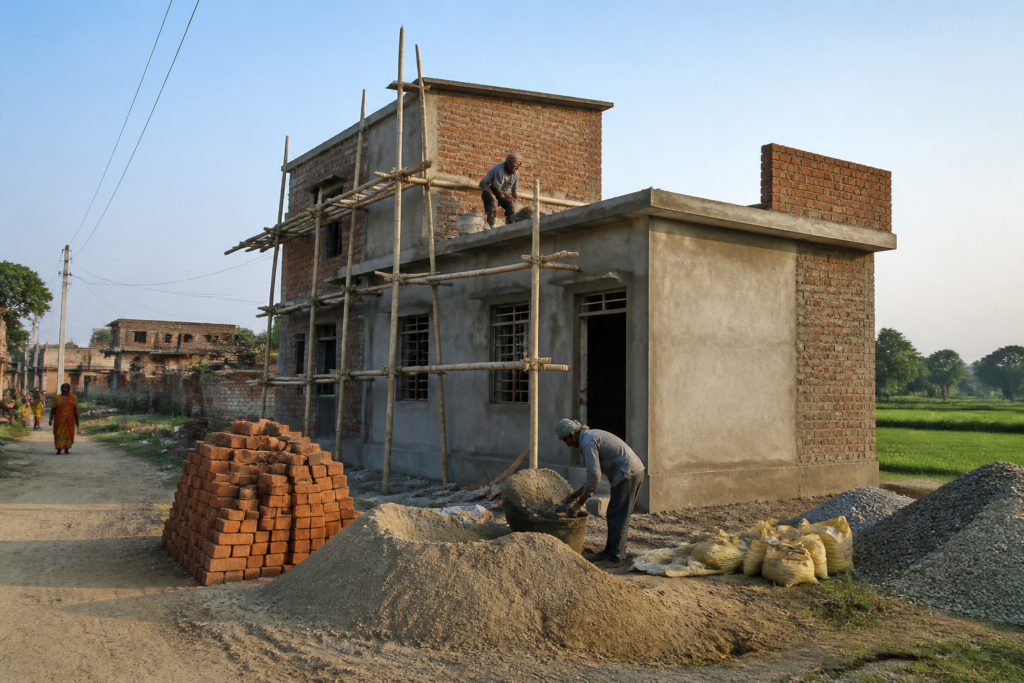 Bihar rural housing construction in a village setting with workers completing a home.