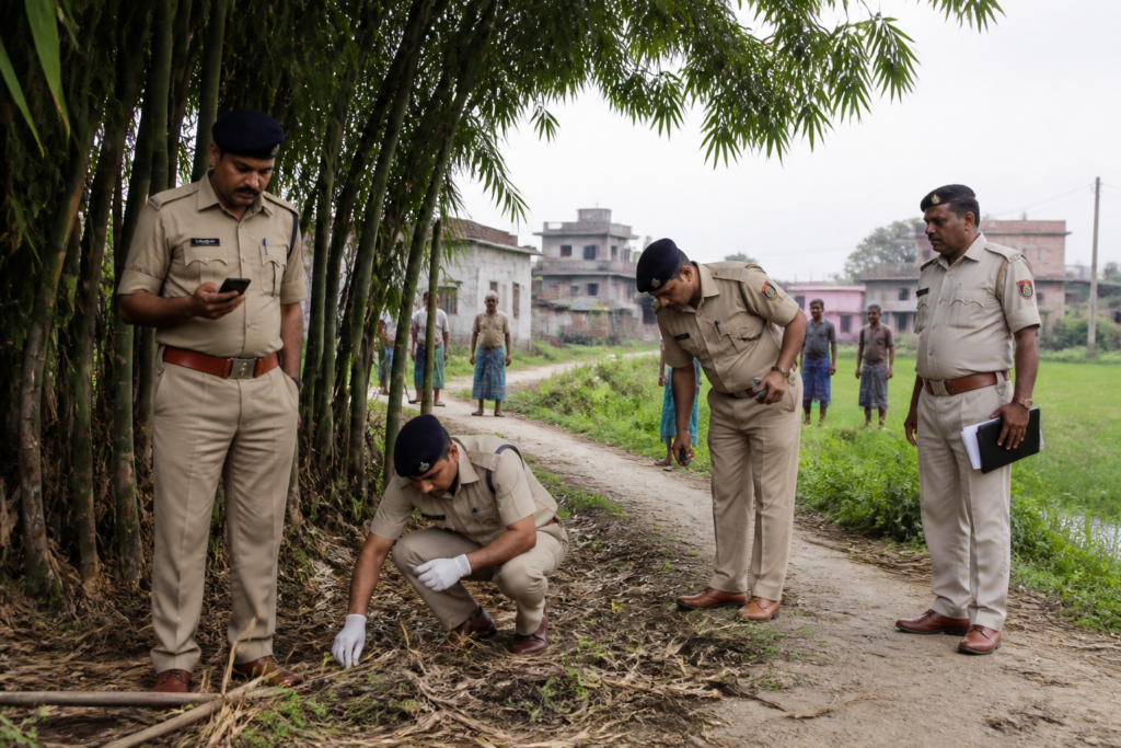 Police investigation near a bamboo grove in Madhepura after a schoolboy's death