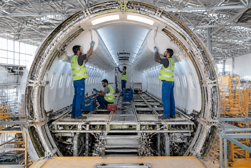 GMR Aero Technic Hyderabad aircraft maintenance facility supporting cabin interior work