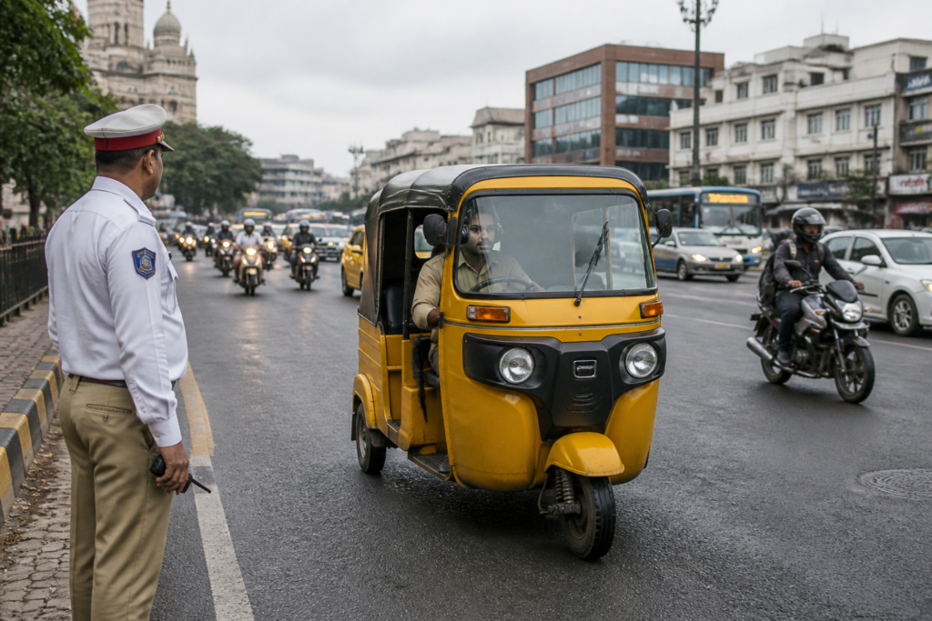 Hyderabad traffic police monitoring an auto-rickshaw driver for driving with headphones