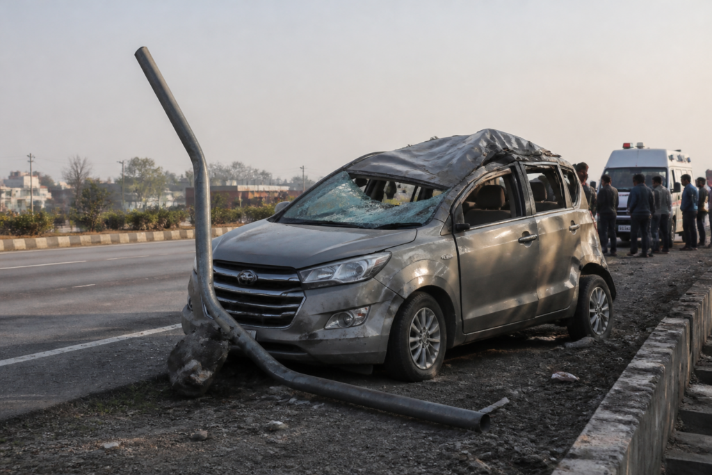 Pune-Solapur Highway accident scene near Uruli Kanchan involving a crashed car