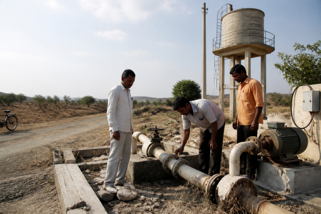Maharashtra drought relief officials reviewing a rural water supply scheme