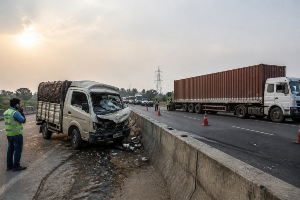 Pune-Solapur highway accident scene near Varvand with a damaged tempo and container