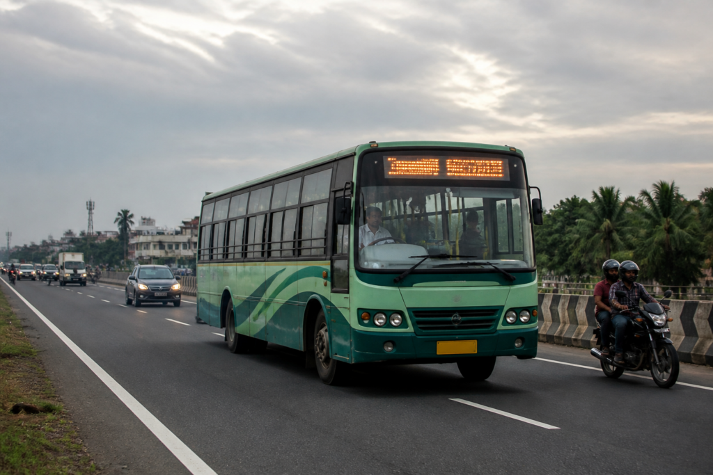 TNSTC bus with an electronic LED destination board on a Tamil Nadu highway