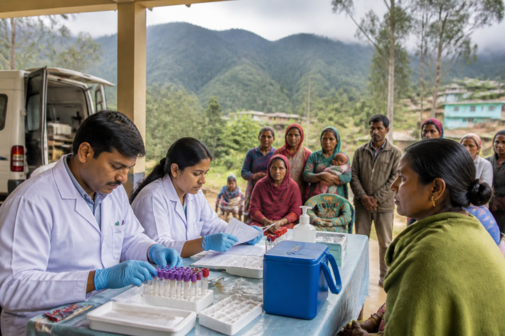 Nilgiris sickle cell disease screening camp serving tribal communities in a hill settlement