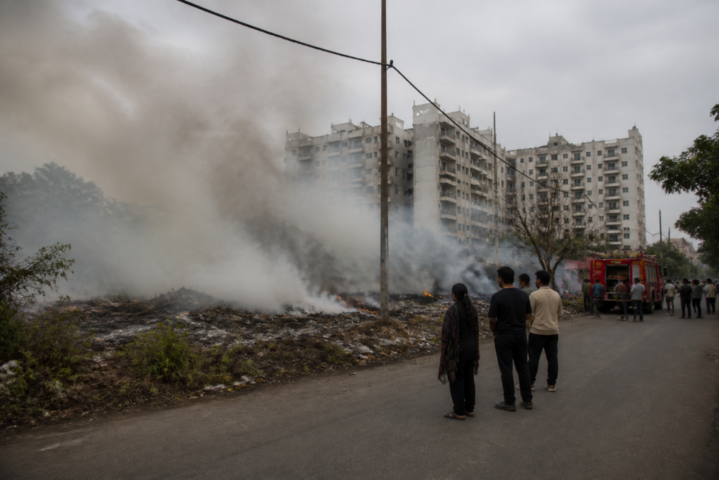 Smoke rising from the Mahaluge bio-waste fire near Pune homes