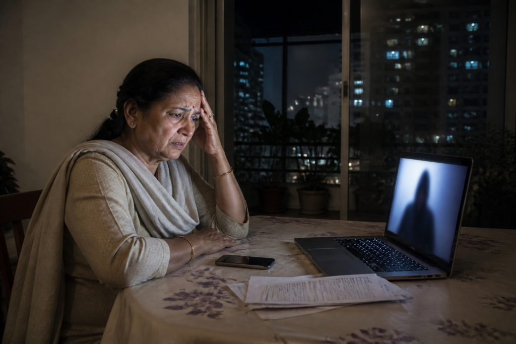 Pune digital arrest scam illustration showing a senior citizen facing a threatening video call