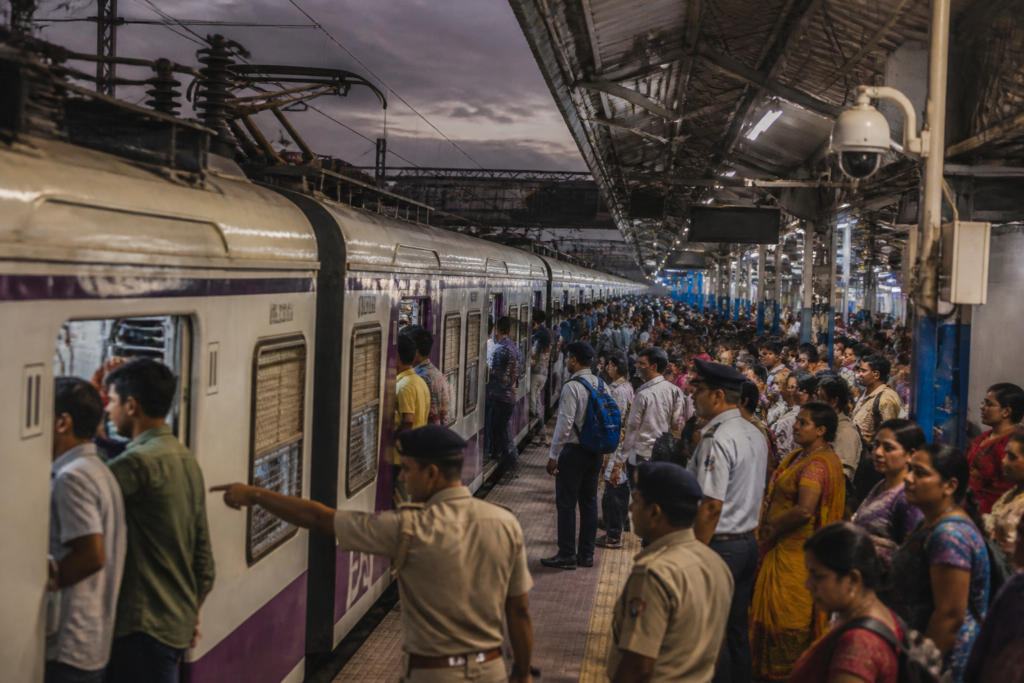Eastern Railway suburban train platform in Kolkata during the Durga Puja passenger rush