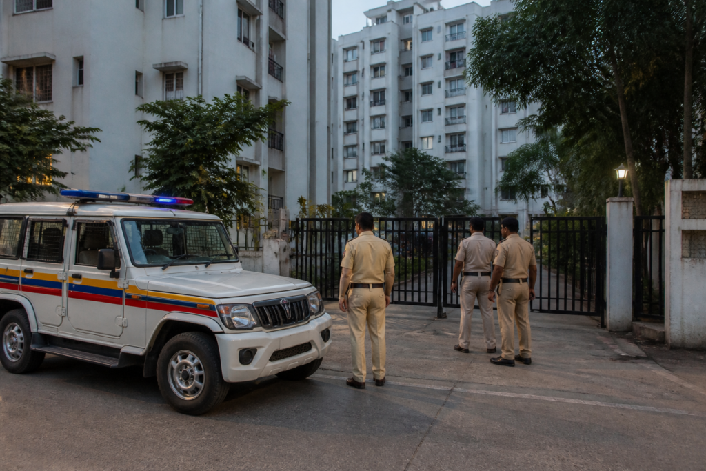 Pune police vehicle outside a residential housing society during a minor girl rescue operation