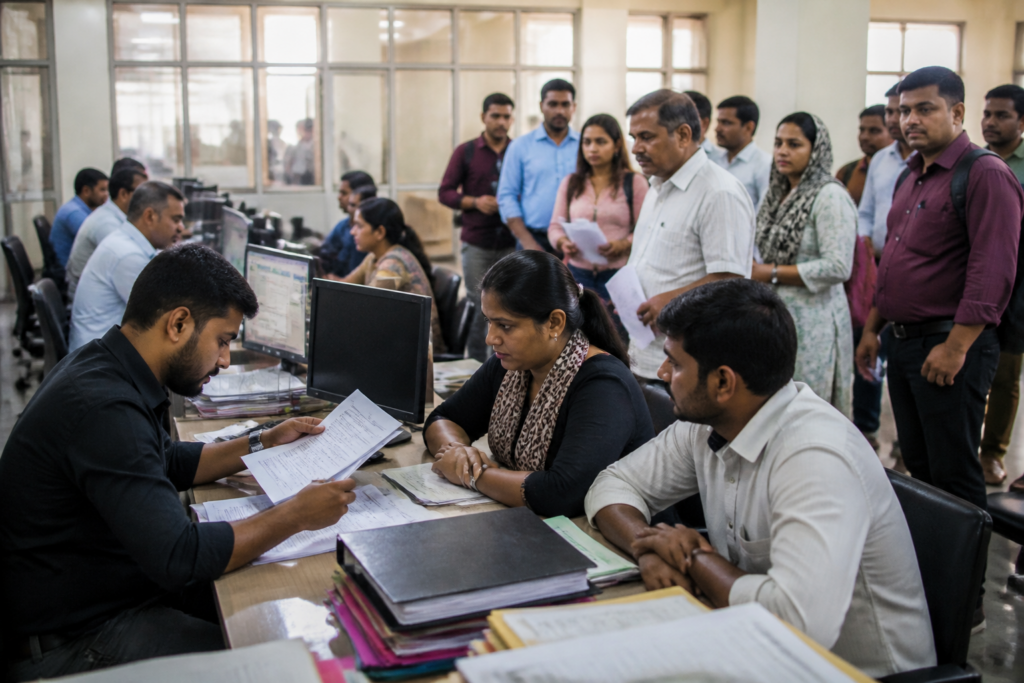 Pune housing lottery applicants completing documentation for a MHADA housing scheme