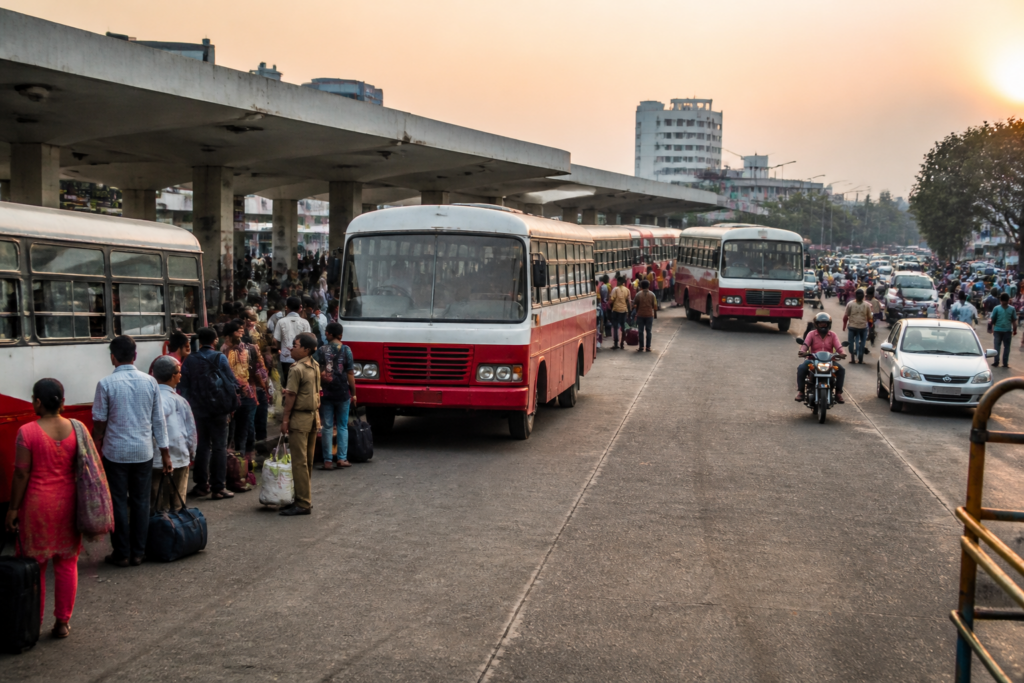 Pune ST buses at a busy bus station during the Diwali travel rush