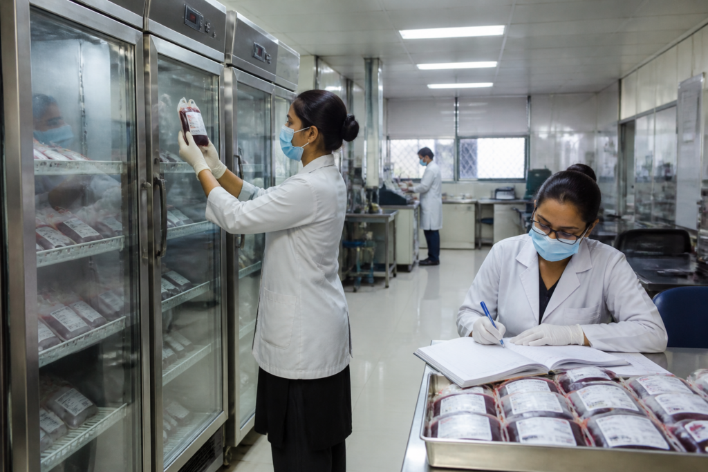 Mumbai blood bank at a public hospital with staff preparing blood storage equipment