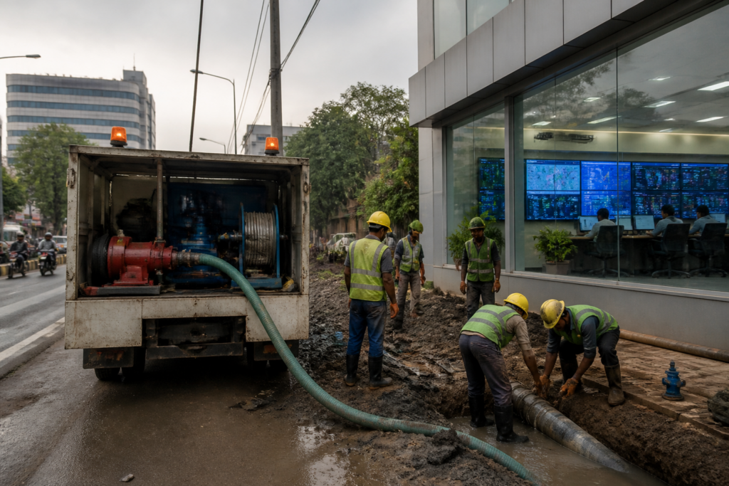 Delhi water supply command centre monitoring pipeline repairs and emergency response vehicles