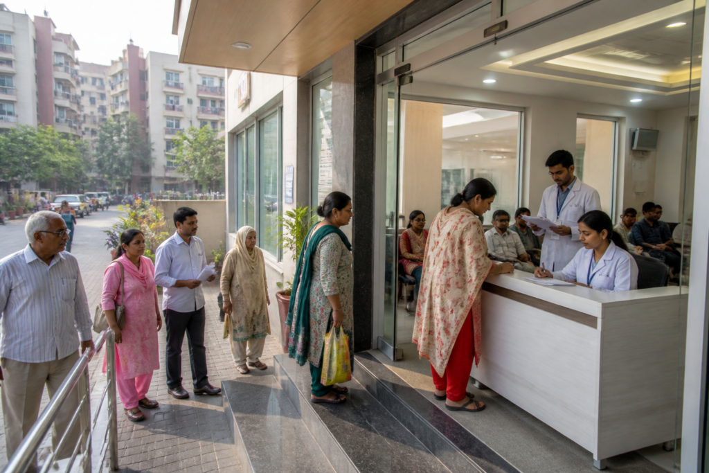 Ayushman Bharat Delhi health facility with patients and healthcare workers in an urban clinic