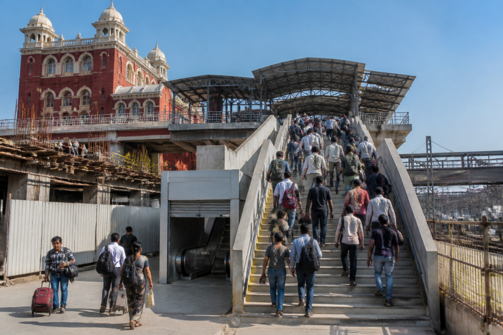 Ahmedabad Kalupur railway station redevelopment building and passenger staircase