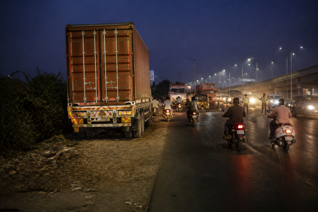 Ahmedabad road accidents on a ring road involving motorcycles and heavy vehicles at night