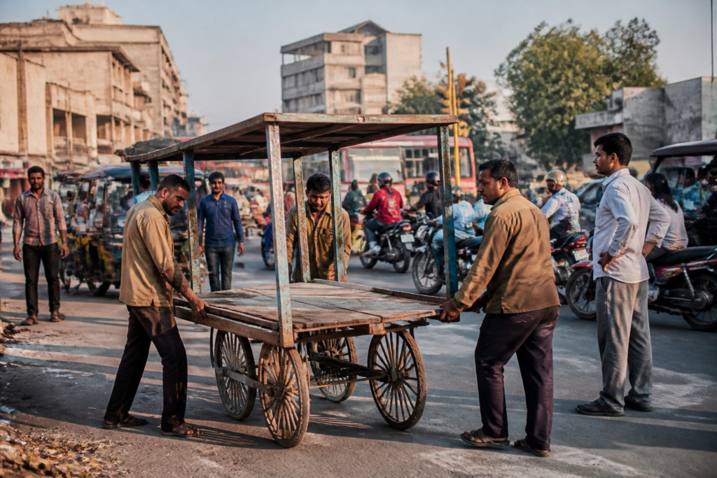 Ahmedabad road encroachment penalty enforcement near a roadside cart and busy urban traffic