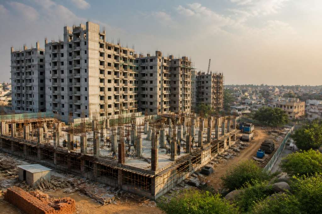 Indiramma housing towers under construction for urban poor beneficiaries in Telangana