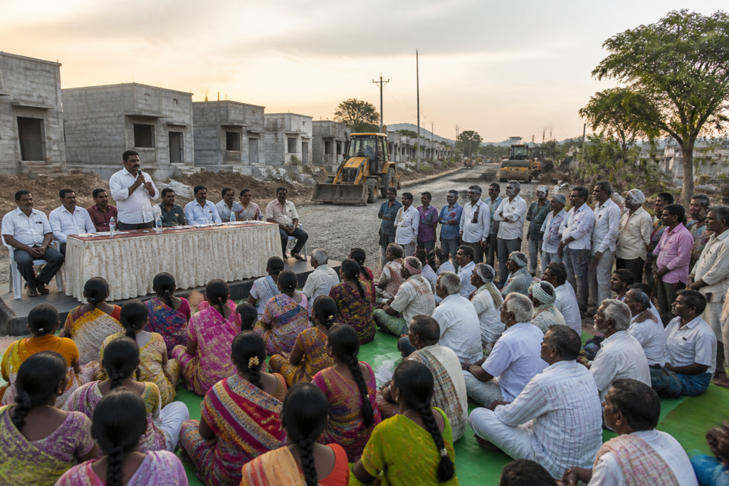Telangana welfare schemes and housing works being discussed at a rural development meeting in Achampet