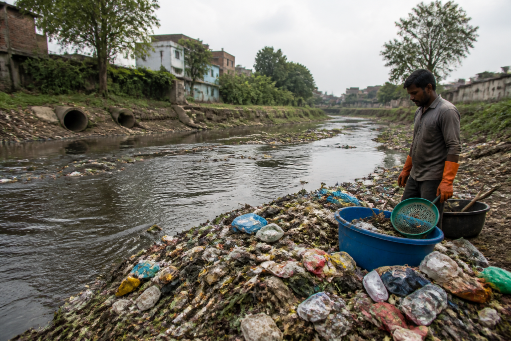 Ajnar River pollution with garbage collected along the waterway in Biaora