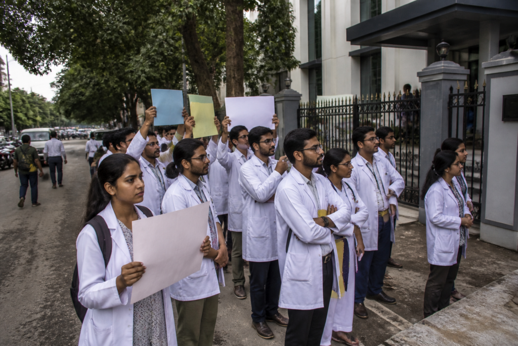 Telangana FMG stipend protest outside the DME office in Koti, Hyderabad