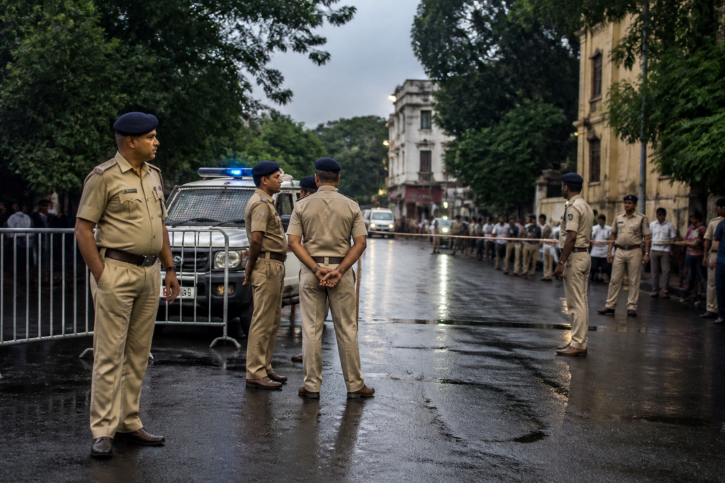 Kolkata Police personnel outside a protected leader’s residence in Kalighat