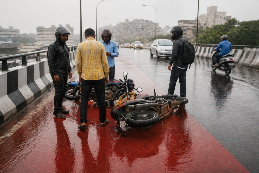 Motorbikes skidding on a wet coloured surface at a Kolkata flyover