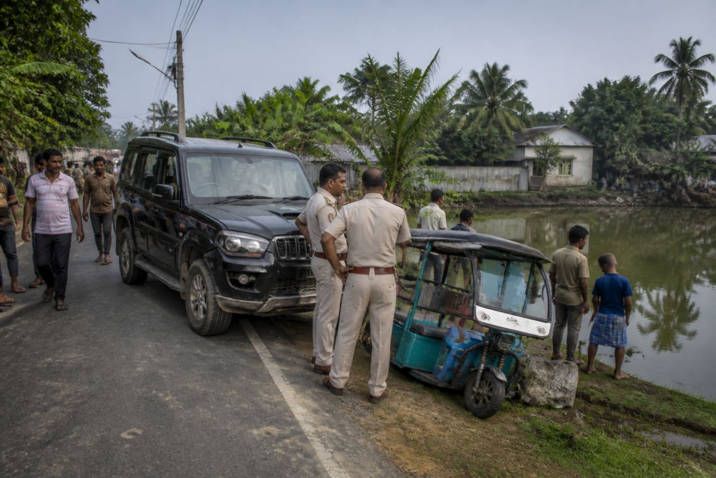 Sandeshkhali road crash scene near a pond after an SUV collided with a toto