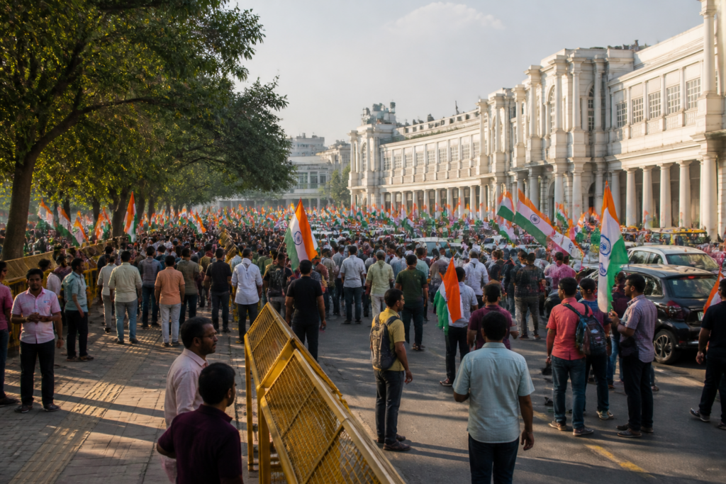 Delhi tiranga march supporters carrying Indian flags near Connaught Place