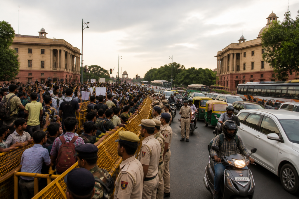 Delhi anti-SIR protests near Jantar Mantar with barricades and police deployment