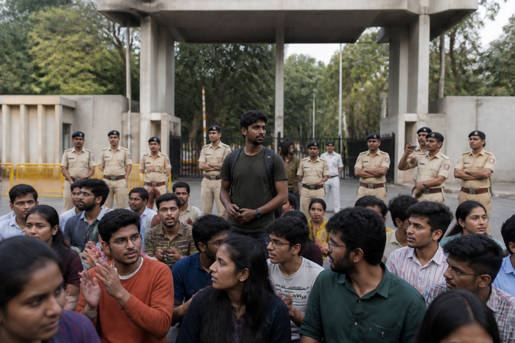 IIT Bombay student death protest outside the Powai campus with demonstrators and police
