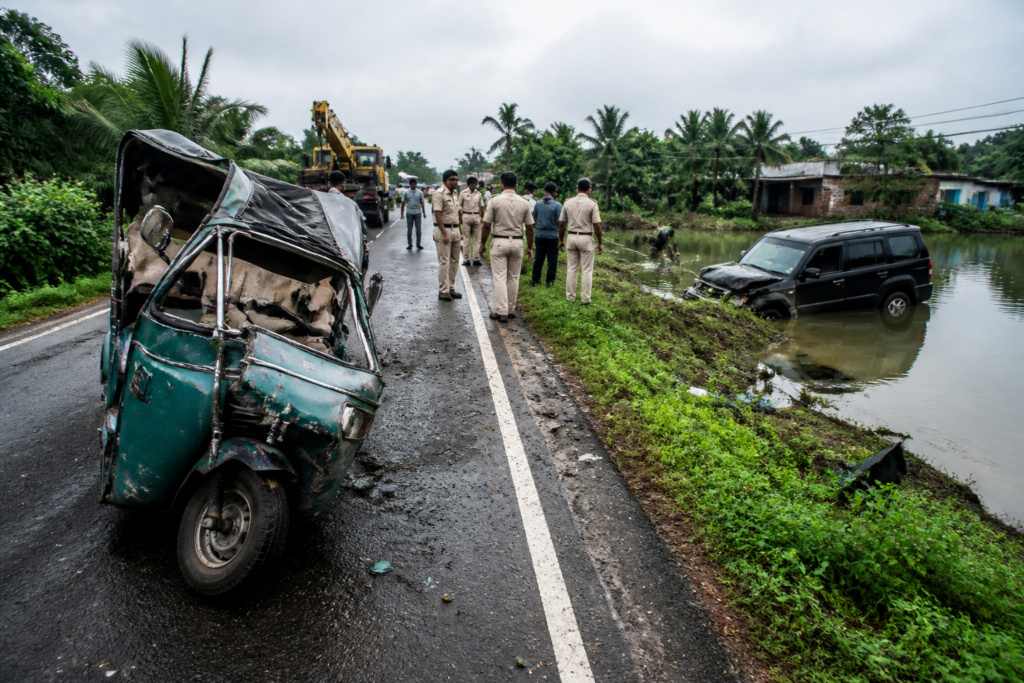 Basanti Highway accident scene near a roadside waterbody in South 24 Parganas
