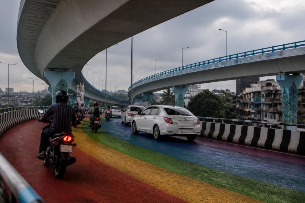 Chingrighata Flyover in Kolkata with its newly painted road surface and traffic movement