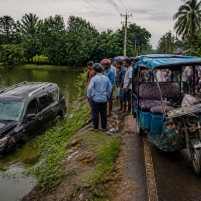 Sandeshkhali SUV crash site near a roadside pond in West Bengal
